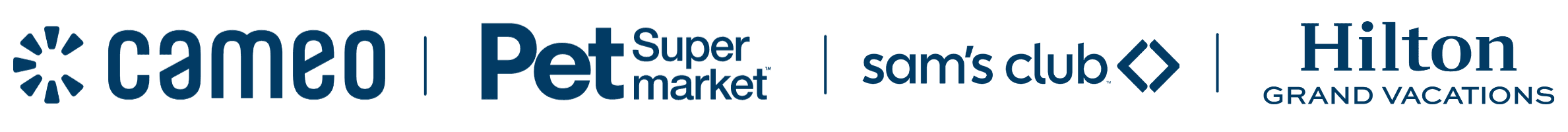 Logos of Cameo Pet Supermarket Raymond James and Hilton Grand Vacations displayed on a black background.